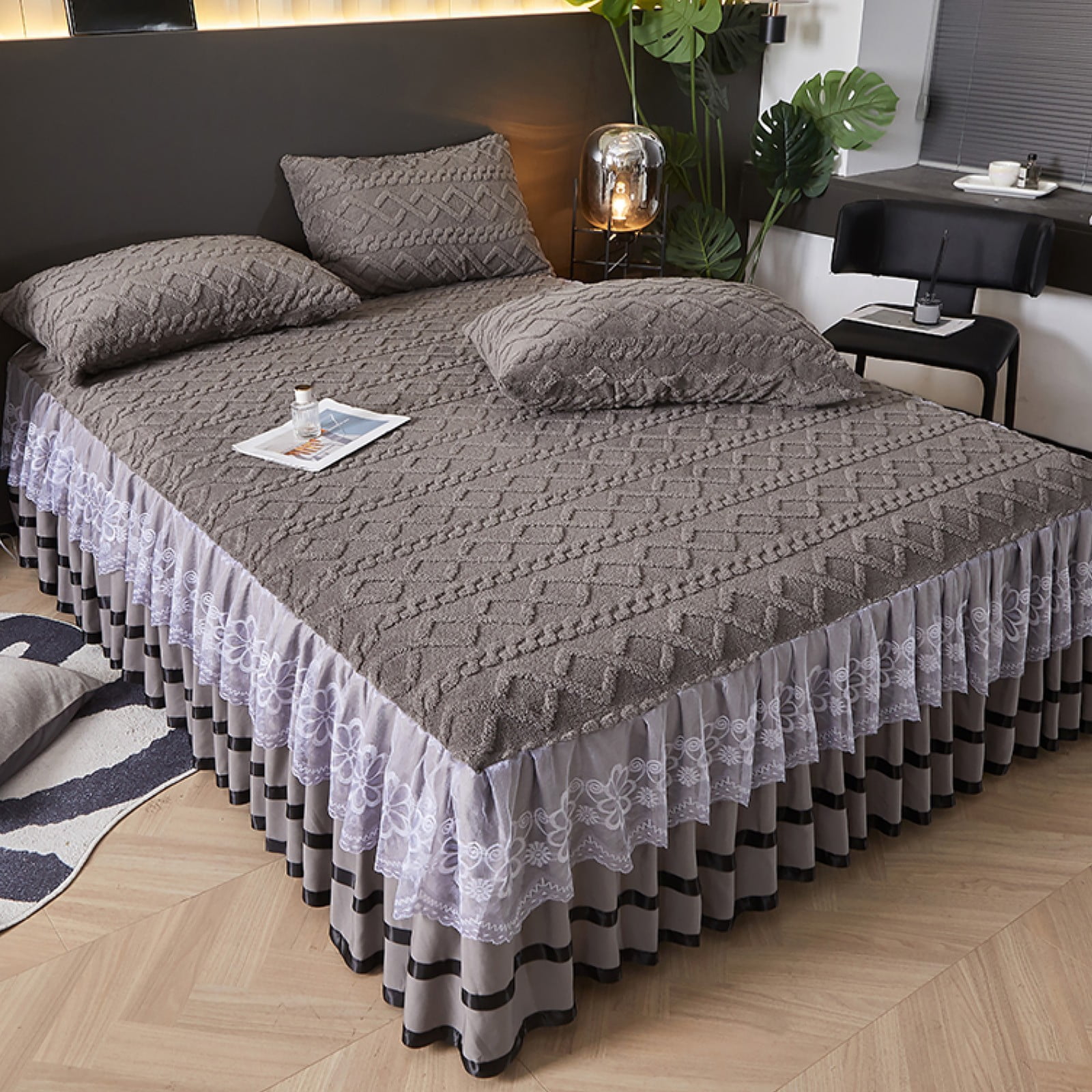 ANMINY 3Pcs Taffeta Velvet Ruffle Skirt Bedspread Set, 15-Inch Drop ...