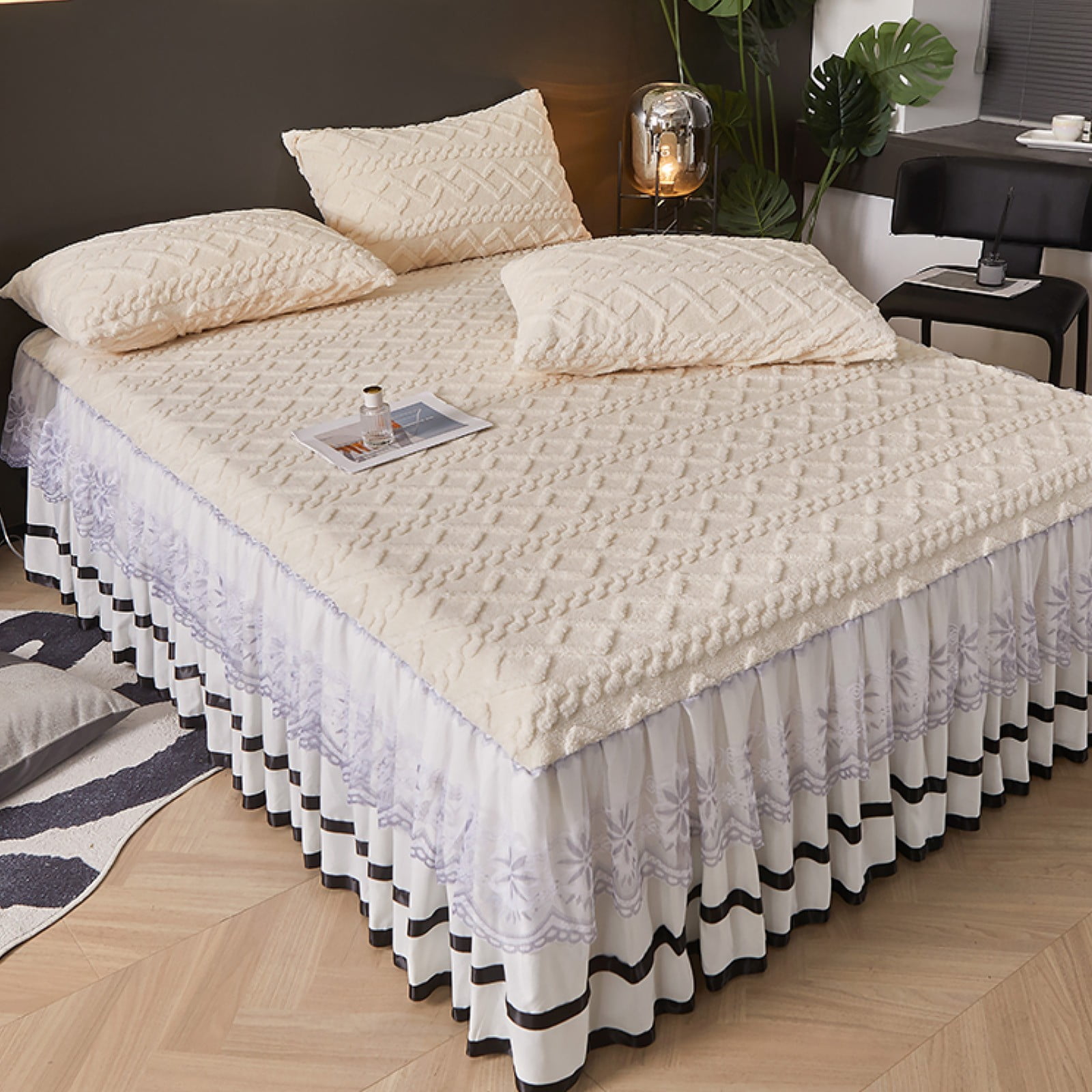 ANMINY 3Pcs Taffeta Velvet Ruffle Skirt Bedspread Set, 15-Inch Drop ...