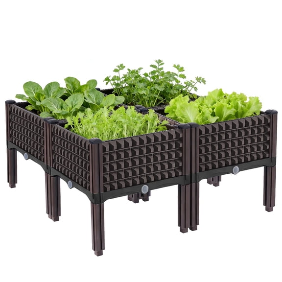 ANMINY 4 Grid Raised Garden Bed Outdoor Planter Box - 15.7" x 15.7" x 14.5" Brown, Elevated Vegetable Herb Planter with Drainage