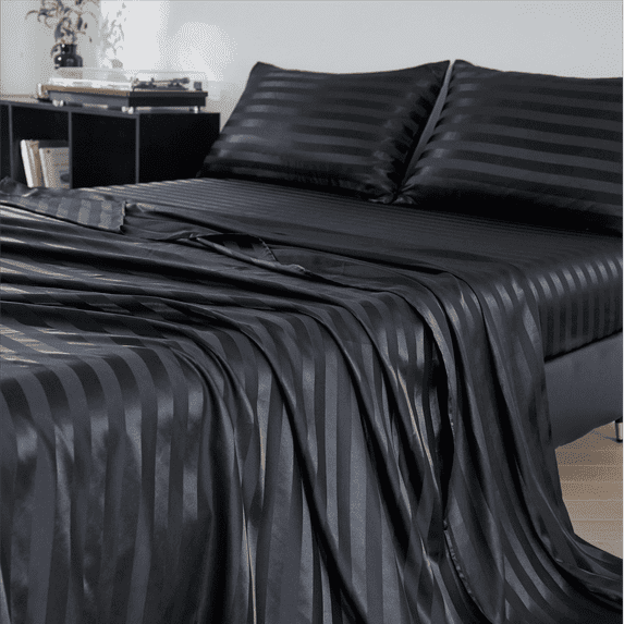 ANMINY 4-Piece Black Satin Silk Bed Sheet Set, Queen – Deep Pocket