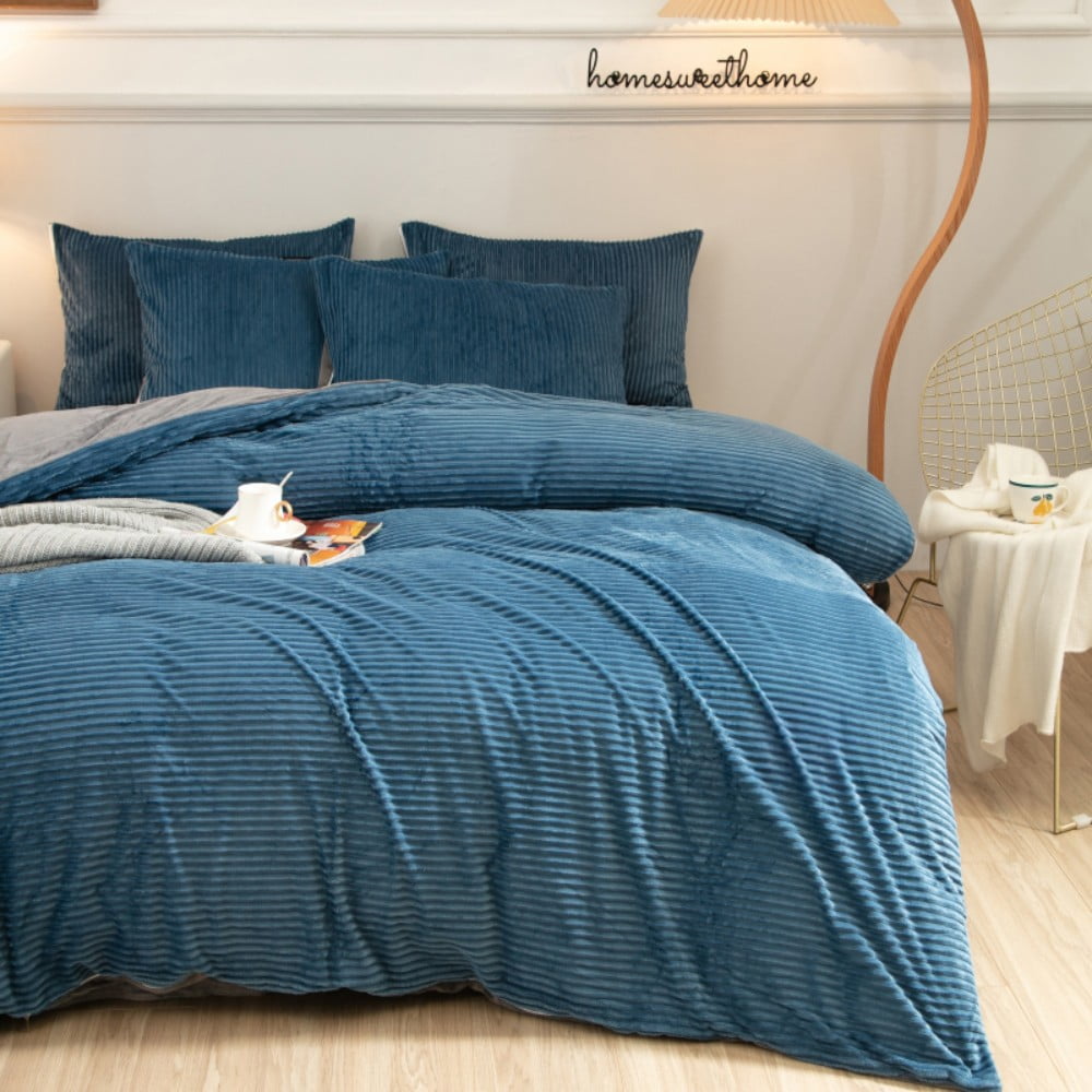 ANMINY 4-Piece Coral Fleece Duvet Cover Set (Comforter NOT Included), 150GSM Soft Warm Pinstripe Bedding with Hidden Zipper & Corner Ties, Full, Gray-Backed