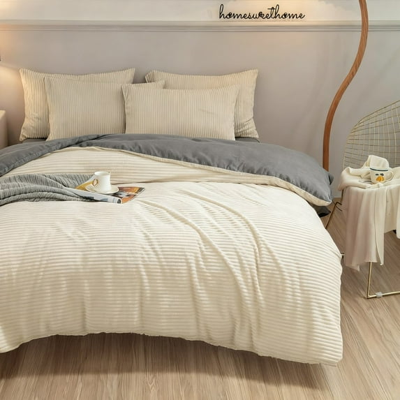 ANMINY 4-Piece Coral Fleece Duvet Cover Set (Comforter NOT Included), 150GSM Soft Warm Pinstripe Bedding with Hidden Zipper & Corner Ties, Full, Gray-Backed