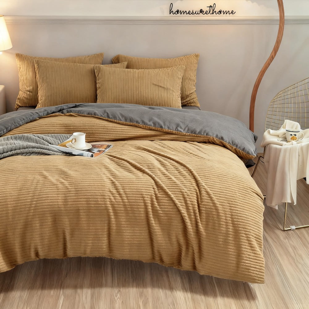 ANMINY 4-Piece Coral Fleece Duvet Cover Set (Comforter NOT Included), 150GSM Soft Warm Pinstripe Bedding with Hidden Zipper & Corner Ties, King, Gray-Backed