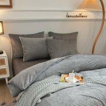 ANMINY 4-Piece Coral Fleece Duvet Cover Set (Comforter NOT Included), 150GSM Soft Warm Pinstripe Bedding with Hidden Zipper & Corner Ties, Queen, Gray-Backed