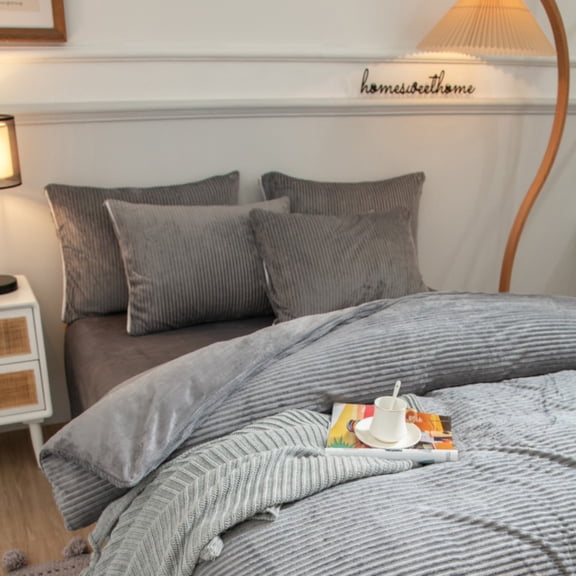 ANMINY 4-Piece Coral Fleece Duvet Cover Set (Comforter NOT Included), 150GSM Soft Warm Pinstripe Bedding with Hidden Zipper & Corner Ties, Queen, Gray-Backed