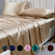 ANMINY 4-Piece Satin Silk Bed Sheet Set, Queen – Deep Pocket Khaki