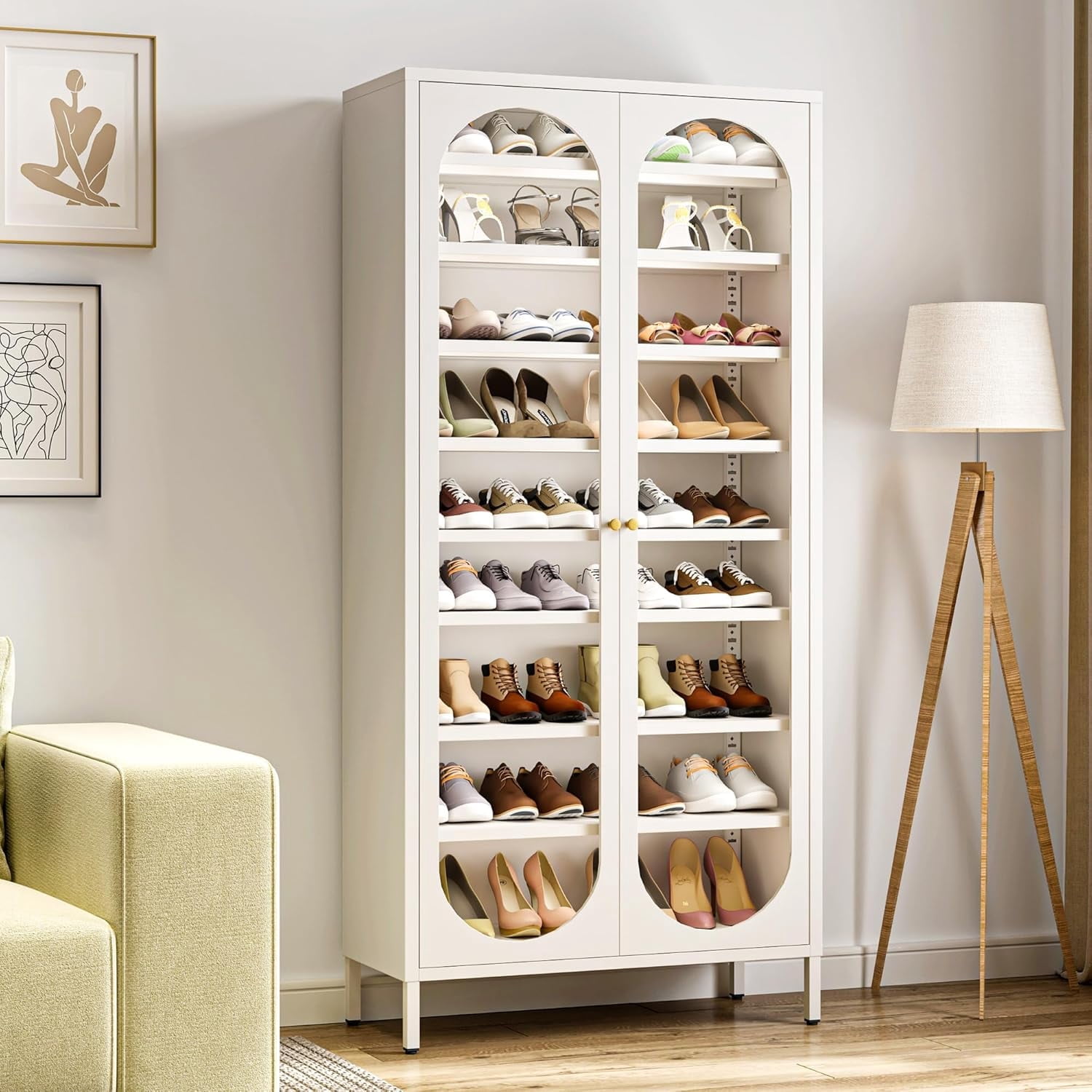 ANMINY 9-Tier Tall Shoe Storage Cabinet 67"H Shoe Cabinet with Glass Doors 9-Tier Shoe Organizer Rack with 8 Adjustable Shelves Max. Store 27-36 Pairs for Entryway Hallway Cloakroom Living Room, White