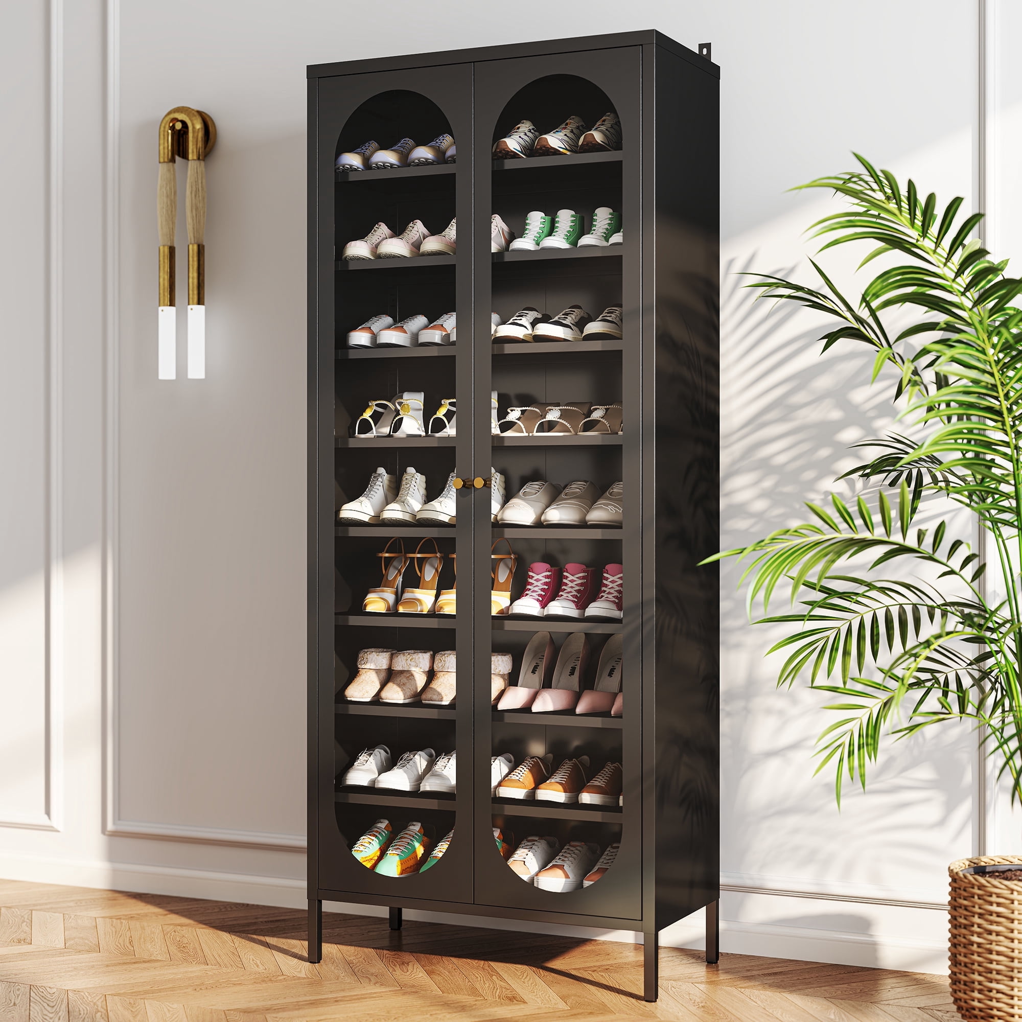 ANMINY 9-Tier Tall Shoe Storage Cabinet 67"H Shoe Cabinet with Glass Doors 9-Tier Shoe Organizer Rack with 8 Adjustable Shelves Max. Store 27-36 Pairs for Entryway Hallway Cloakroom Living Room, Black