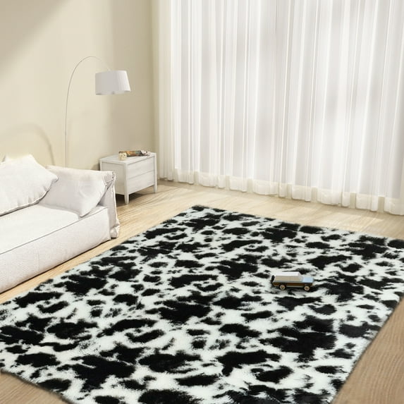 ANMINY Area Rug Luxury Shaggy Soft Plush Bedside Rug Indoor Non-Slip Shaggy Carpet Floor Rugs Tie-Dyed Black/White