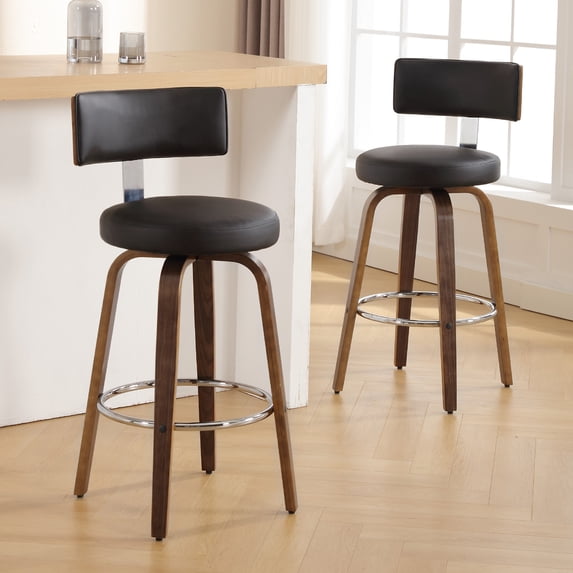 ANMINY Bar Stools Set of 2 360° Swivel with Back and Round Seat PU Leather Barstools 29" Bar Height Upholstered Bar Chairs Island Stools for Kitchen Counter