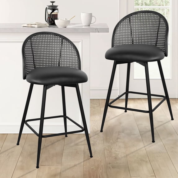 ANMINY Rattan Swivel Bar Stools, 26" Counter Height Set of 2, Upholstered Chairs Barstools with Full Back and Metal Legs Modern PU Fabric Seat for Kitchen Island