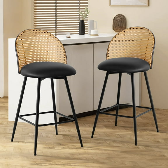 ANMINY Rattan Swivel Bar Stools, 26" Counter Height Set of 2, Upholstered Chairs Barstools with Full Back and Metal Legs Modern PU Fabric Seat for Kitchen Island