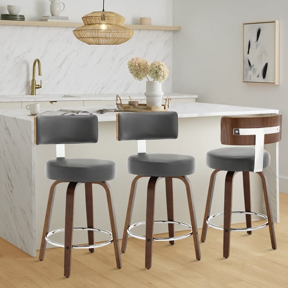 ANMINY Bar Stools Set of 3 360° Swivel with Back and Round Seat PU Leather Barstools 26" Bar Height Upholstered Bar Chairs Island Stools for Kitchen Counter
