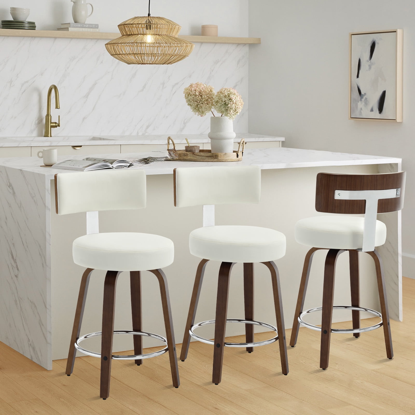 ANMINY Bar Stools Set of 3 360° Swivel with Back and Round Seat PU Leather Barstools 26" Bar Height Upholstered Bar Chairs Island Stools for Kitchen Counter