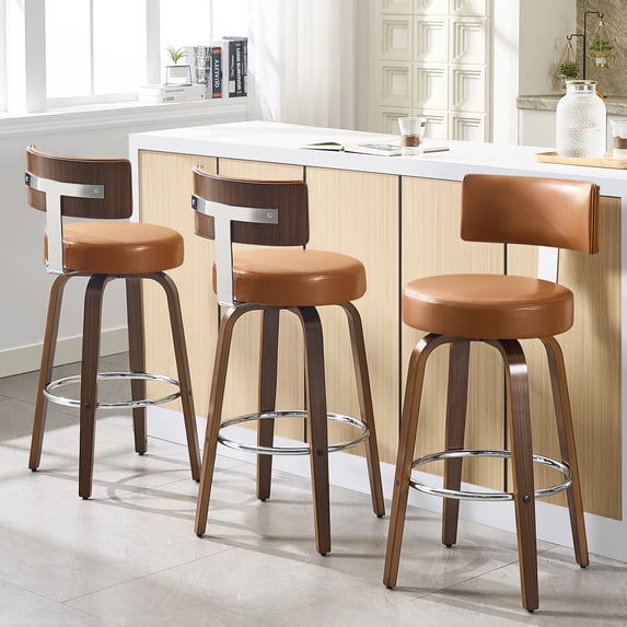 ANMINY Bar Stools Set of 3 360° Swivel with Back and Round Seat PU Leather Barstools 29" Bar Height Upholstered Bar Chairs Island Stools for Kitchen Counter