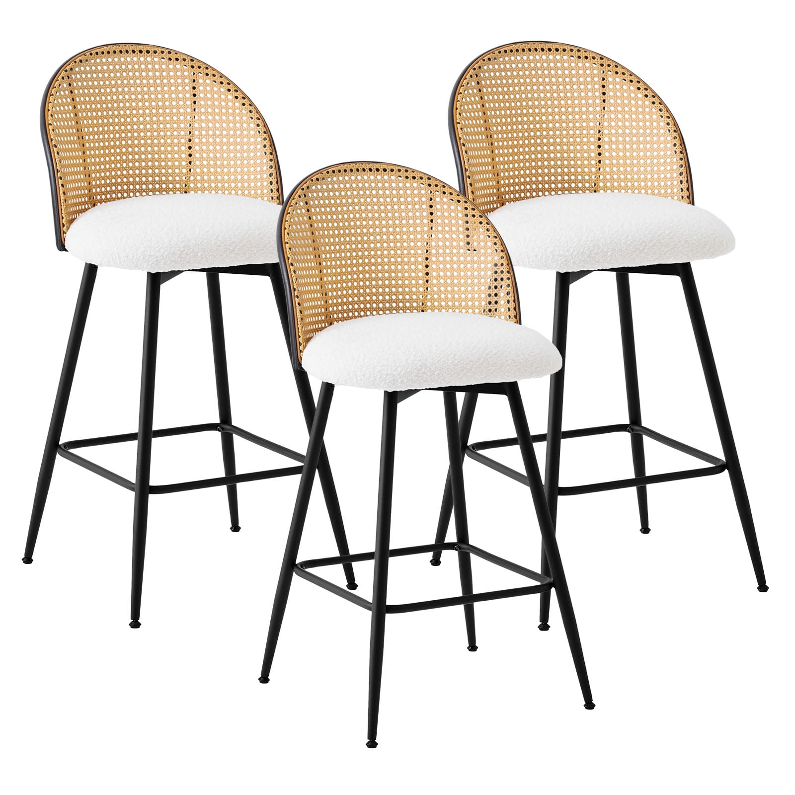 Natural Rattan and White Leather Swivel Counter Stools, Set of 3