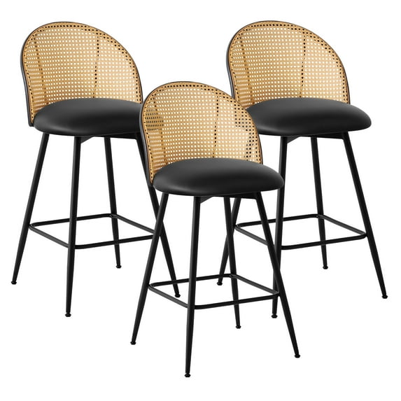 ANMINY Rattan Swivel Bar Stools, 26" Counter Height Set of 3, Upholstered Chairs Barstools with Full Back and Metal Legs Modern PU Fabric Seat for Kitchen Island