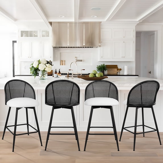 ANMINY Rattan Swivel Bar Stools, 26" Counter Height Set of 4, Upholstered Chairs Barstools with Full Back and Metal Legs Modern PU Fabric Seat for Kitchen Island