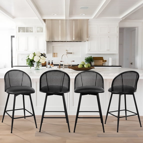 ANMINY Rattan Swivel Bar Stools, 26" Counter Height Set of 4, Upholstered Chairs Barstools with Full Back and Metal Legs Modern PU Fabric Seat for Kitchen Island