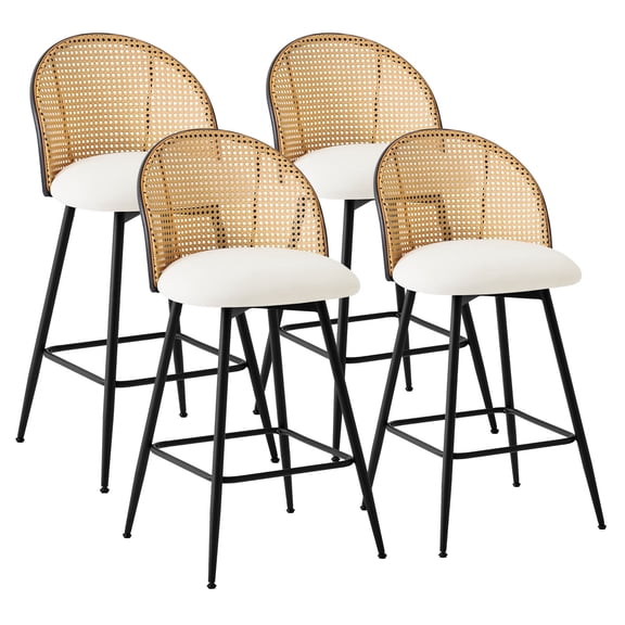 ANMINY Rattan Swivel Bar Stools, 26" Counter Height Set of 4, Upholstered Chairs Barstools with Full Back and Metal Legs Modern PU Fabric Seat for Kitchen Island