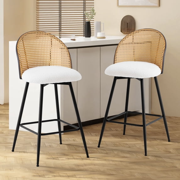 ANMINY Rattan Swivel Bar Stools, 26" Counter Height Set of 2, Upholstered Chairs Barstools with Full Back and Metal Legs Modern Boucle Fabric Seat for Kitchen Island