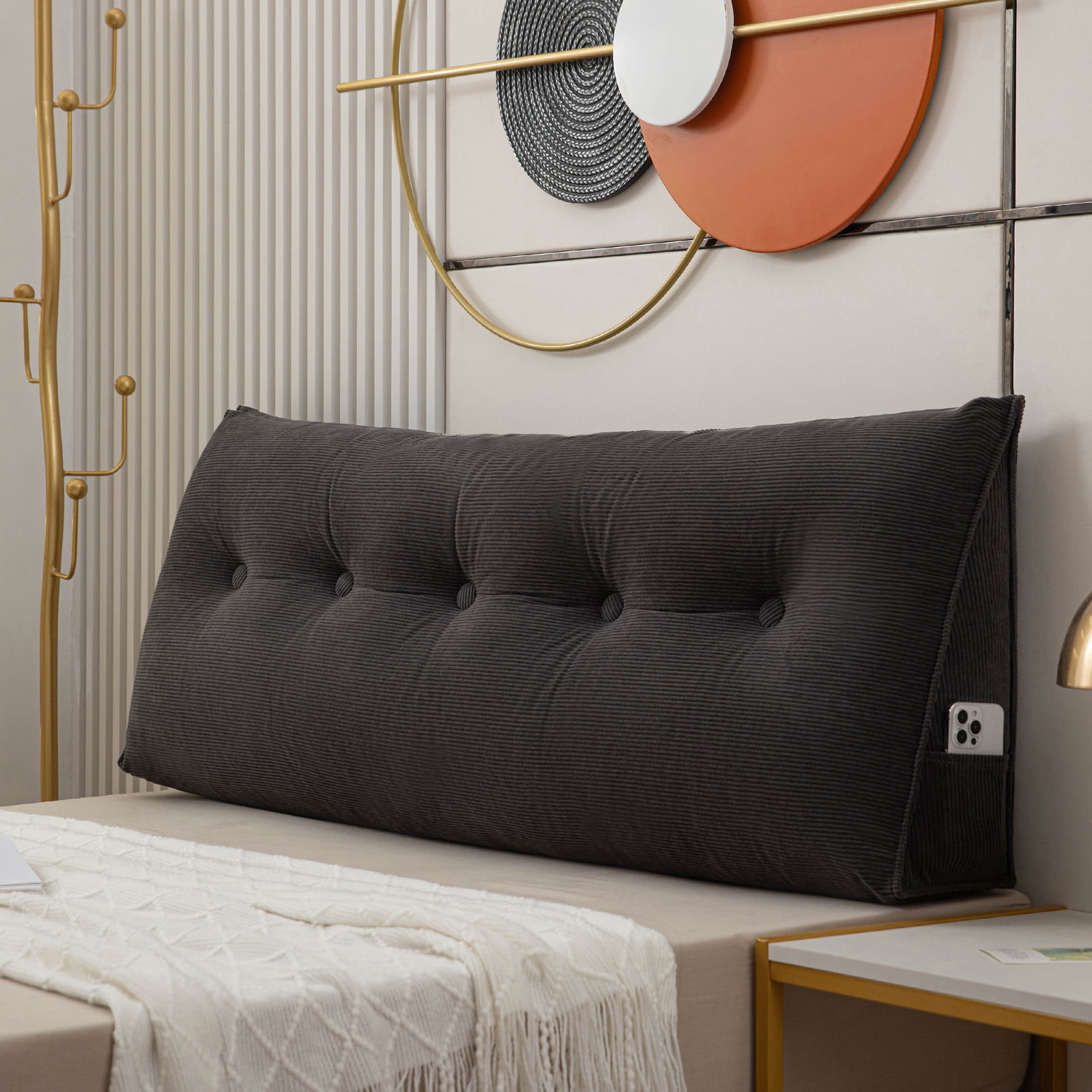 ANMINY Bed Wedge Pillow for Headboard Gap Reading Lumbar Back Rest Support Pillow for Bed Sofa Large Long Pillow with Side Pockets Removable Cover, 39"x20", Black