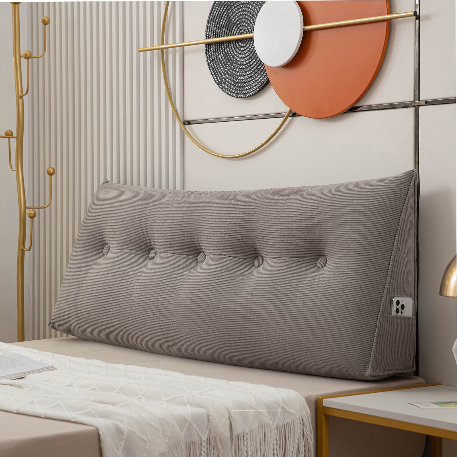 ANMINY Bed Wedge Pillow for Headboard Gap Reading Lumbar Back Rest Support Pillow for Bed Sofa Large Long Pillow with Side Pockets Removable Cover, 39"x20", Gray