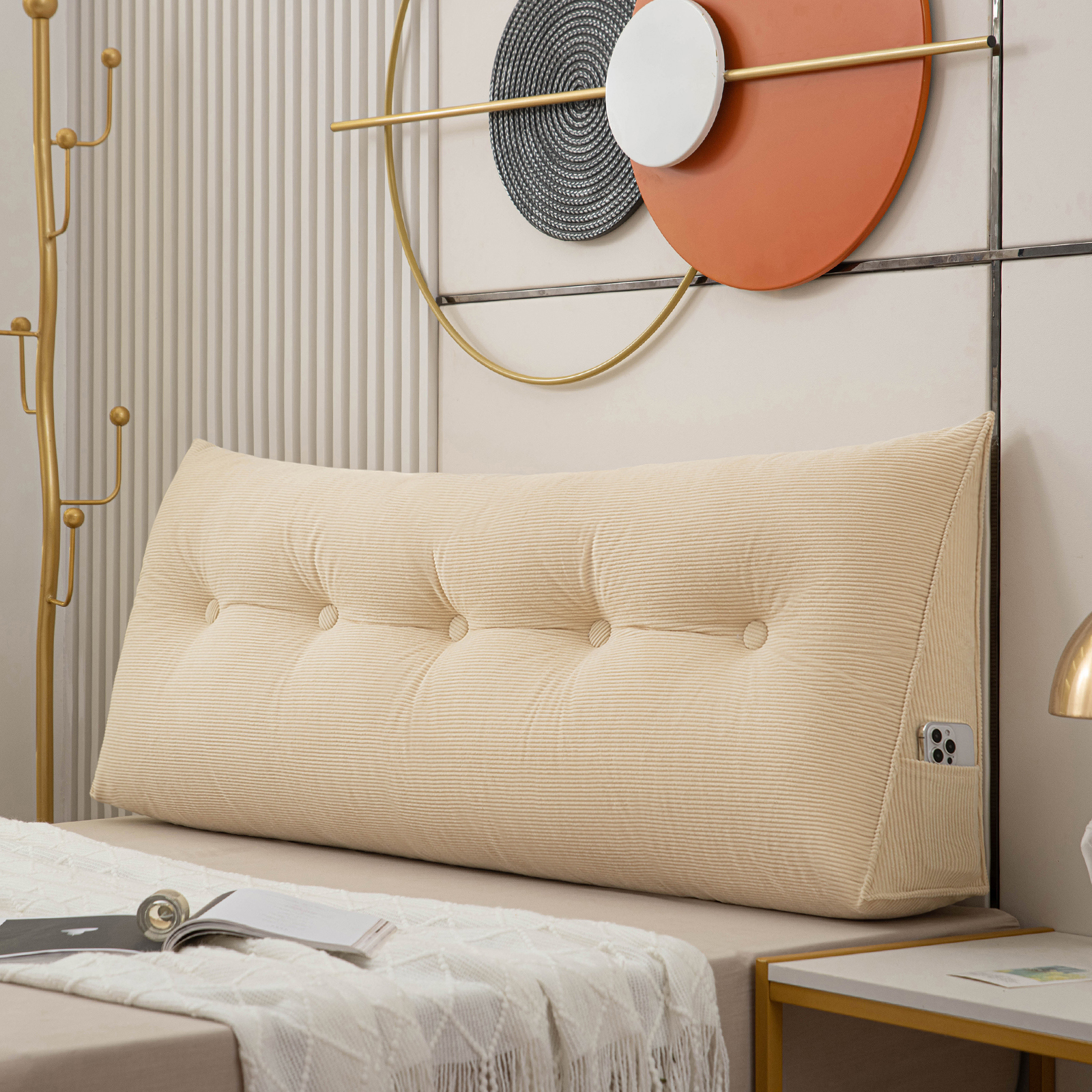 ANMINY Bed Wedge Pillow for Headboard Gap Reading Lumbar Back Rest Support Pillow for Bed Sofa Large Long Pillow with Side Pockets Removable Cover, 39"x20", Khiki