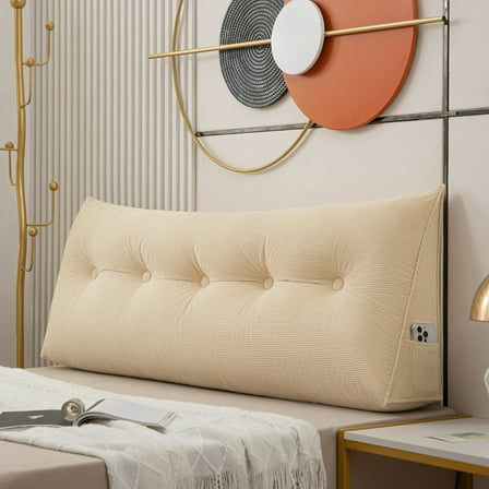 ANMINY Bed Wedge Pillow for Headboard Gap Reading Lumbar Back Rest Support Pillow for Bed Sofa Large Long Pillow with Side Pockets Removable Cover, 39"x20", Khiki