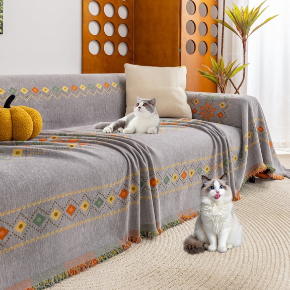 ANMINY Boho Couch Cover - Versatile Chenille Sofa Blanket with Tassels, Cat Scratch - Resistant, Machine Washable for Living Room