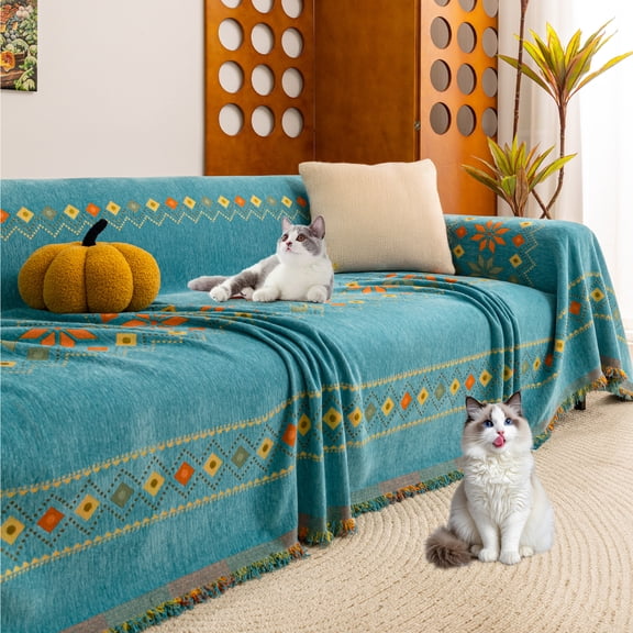 ANMINY Boho Couch Cover - Versatile Chenille Sofa Blanket with Tassels, Cat Scratch - Resistant, Machine Washable for Living Room