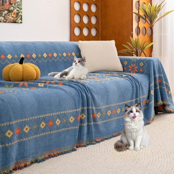 ANMINY Boho Couch Cover - Versatile Chenille Sofa Blanket with Tassels, Cat Scratch - Resistant, Machine Washable for Living Room