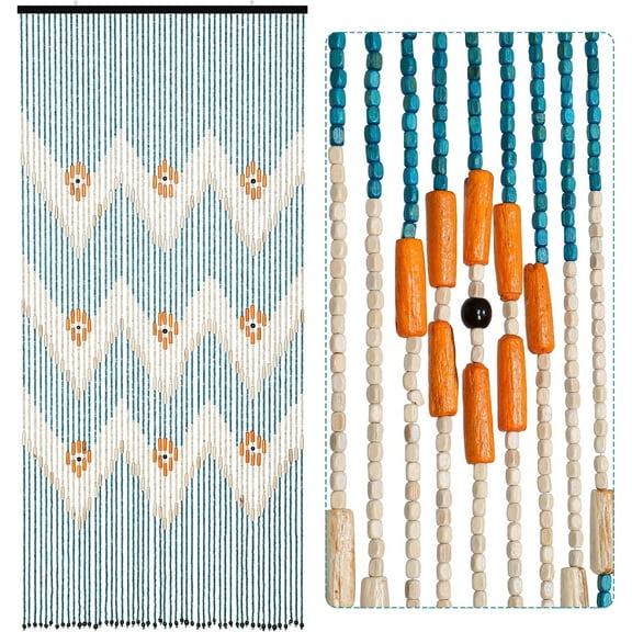 ANMINY String Colorful Wooden Bead Blue White Wave Kitchen Door Curtain, 35.5'' x 75 in