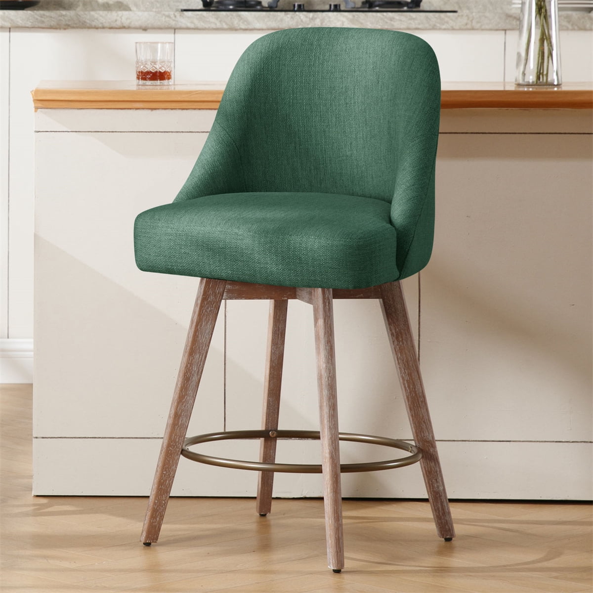 ANMINY Counter Height Bar Stools Set of 1, 26" Seat Height Upholstered Linen Fabric Swivel Barstools with Mid-Back Modern Chairs Island Stools for Home Bar Kitchen Pub