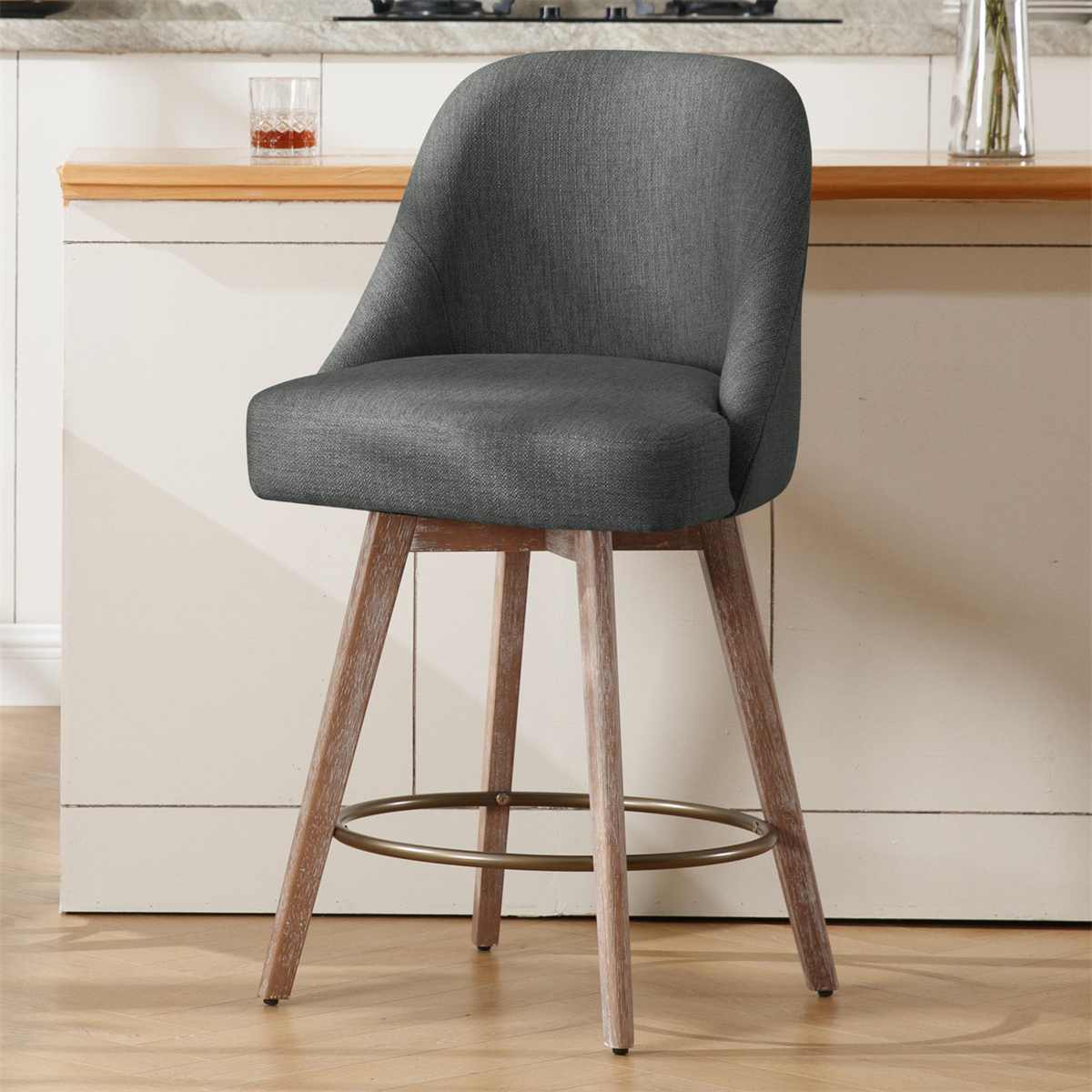 ANMINY Counter Height Bar Stools Set of 1, 26" Seat Height Upholstered Linen Fabric Swivel Barstools with Mid-Back Modern Chairs Island Stools for Home Bar Kitchen Pub
