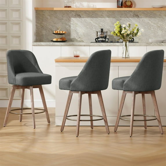 ANMINY Counter Height Bar Stools Set of 3, 26" Seat Height Upholstered Linen Fabric Swivel Barstools with Mid-Back Modern Chairs Island Stools for Home Bar Kitchen Pub