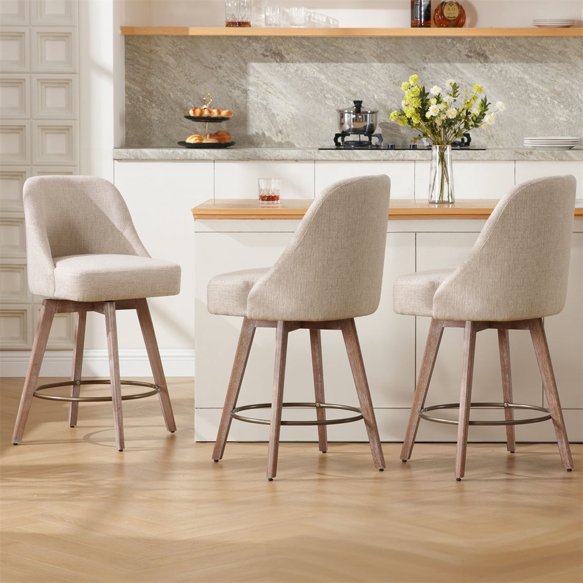ANMINY Counter Height Bar Stools Set of 3, 26" Seat Height Upholstered Linen Fabric Swivel Barstools with Mid-Back Modern Chairs Island Stools for Home Bar Kitchen Pub