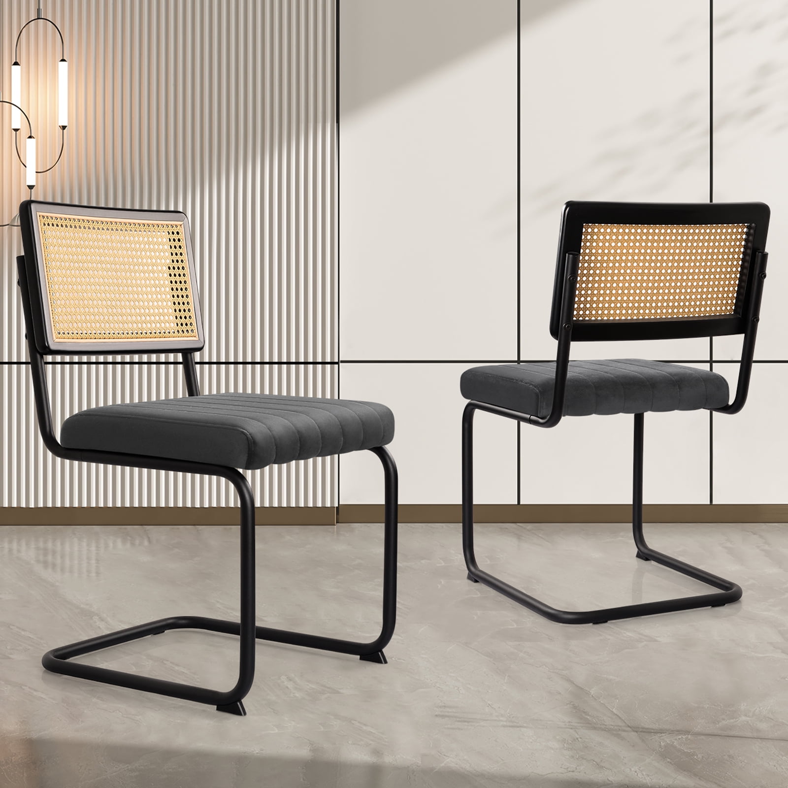 Gray Velvet Upholstered Side Chair with Rattan Backrest
