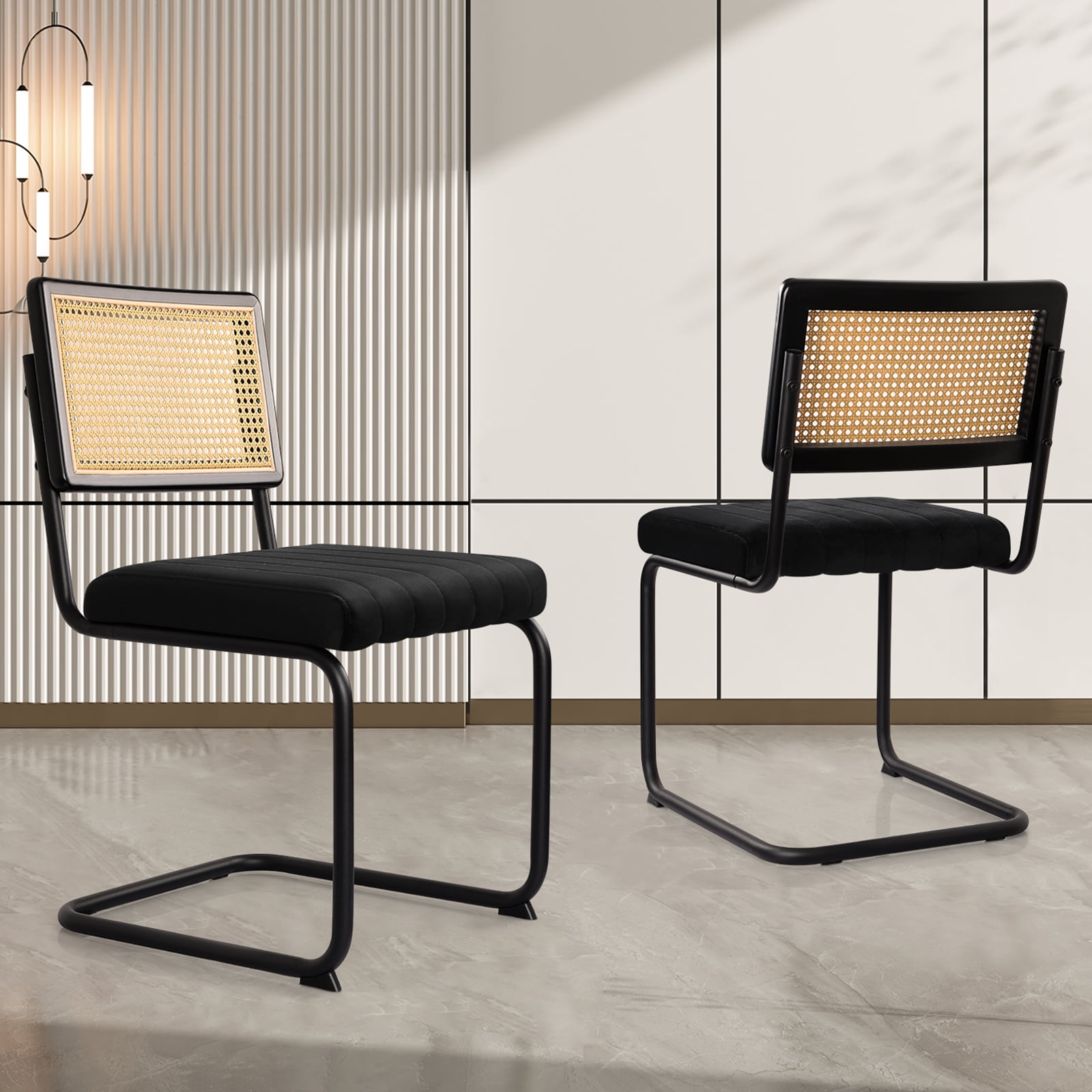 Black Rattan and Cane Upholstered Dining Chairs, Set of 2