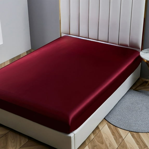 ANMINY Satin Fitted Sheet King Size 14 Inch Deep Pocket Bed Sheet Silk Sheet Ultra Soft Machine Washable, Burgundy