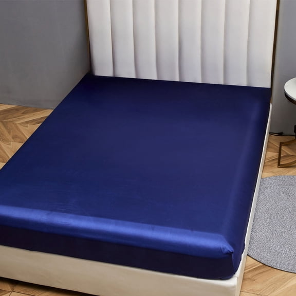 ANMINY Satin Fitted Sheet Queen Size 14 Inch Deep Pocket Bed Sheet Silk Sheet Ultra Soft Machine Washable, Navy Blue