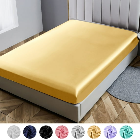 ANMINY Fitted Sheet Deep Pocket Bed Sheet Satin Silk Sheets Ultra Soft Machine Washable Full, Camel
