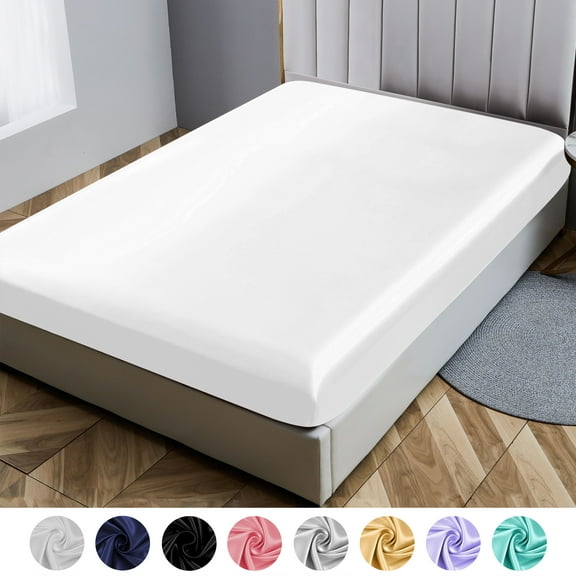 ANMINY Fitted Sheet Deep Pocket Bed Sheet Satin Silk Sheets Ultra Soft Machine Washable Twin, White