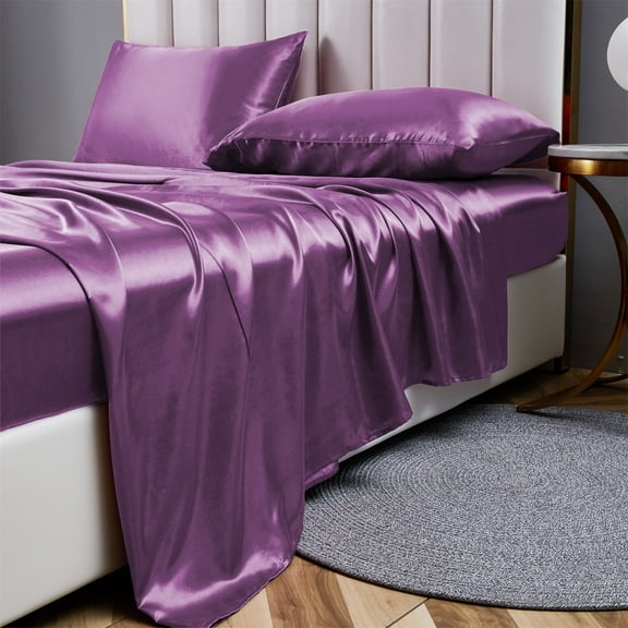 ANMINY Flat Fitted Satin Silk Lavender Stripes Bed Sheets Set, Twin, 4 Piece