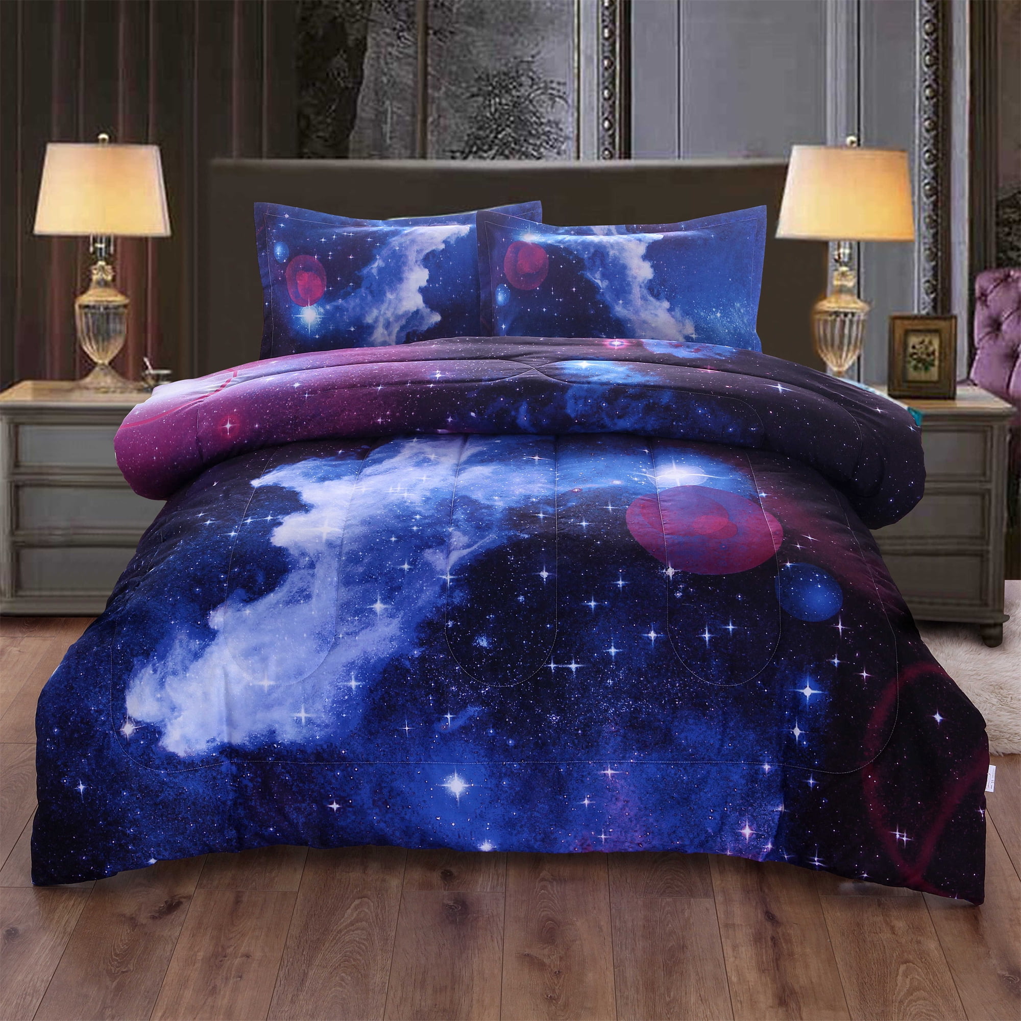 ANMINY Full Size Queen Galaxy Comforter Set, Reversible Outer Space Sky
