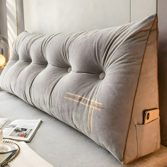 ANMINY Headboard Wedge Pillow Queen Size, Delicate Embroidery Triangular Reading Pillow - Ergonomic, Removable Cover w/ Side Pocket Backrest Bolster Pillows, Gray