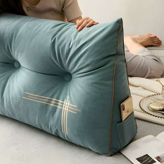 ANMINY Headboard Wedge Pillow Queen Size, Delicate Embroidery Triangular Reading Pillow - Ergonomic, Removable Cover w/ Side Pocket Backrest Bolster Pillows, Turquoise