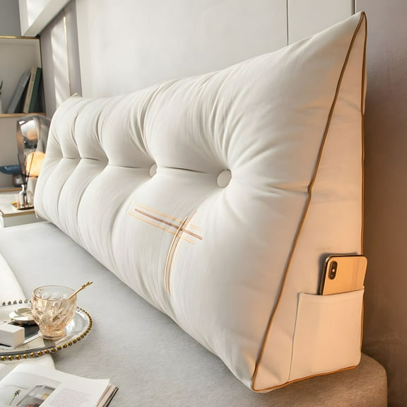 ANMINY Headboard Wedge Pillow Twin Size, Delicate Embroidery Triangular Reading Pillow - Ergonomic, Removable Cover w/ Side Pocket Backrest Bolster Pillows, White