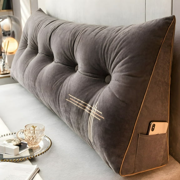 ANMINY Headboard Wedge Pillow Twin Size, Delicate Embroidery Triangular Reading Pillow - Ergonomic, Removable Cover w/ Side Pocket Backrest Bolster Pillows, Coffee