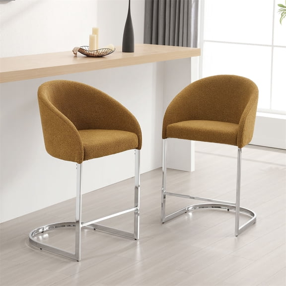 ANMINY Modern Counter Height Bar Stools Upholstered Boucle Fabric Chairs, Set of 2, 26" with Back and Arms U-Shaped Chrome Frame Island Stools for Home Bar Kitchen Pub